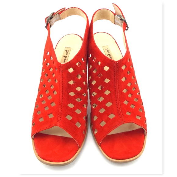 New PAUL GREEN Red Laser Cut Suede Leather Chunk Heels UK5/US7.5 - Picture 3 of 8